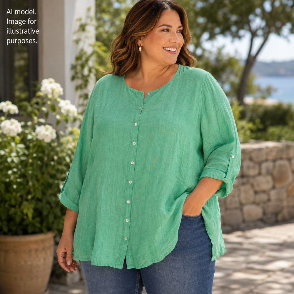Tahari Shirt Women 1X Green All Linen Button Front Tunic Long Sleeve Coastal Top